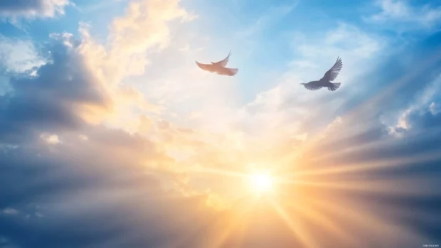 Bright morning clouds embrace the fluttering of birds awakening under the sunrise.