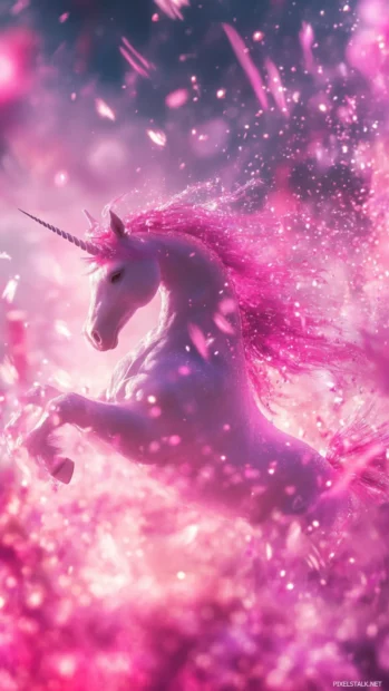 Bright pink sparkles surround the unicorn as it twirls in joy.