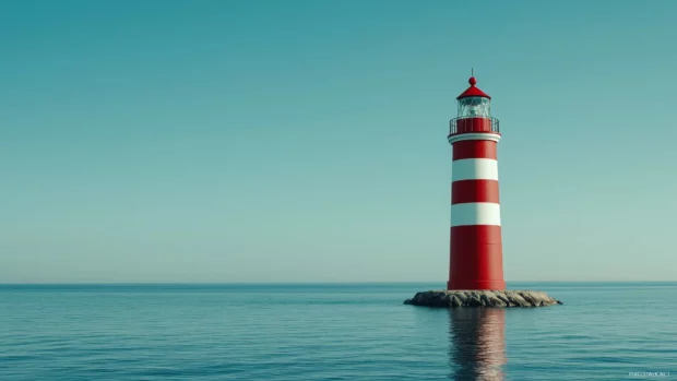 Bright red and white lighthouse with clear blue sky and calm ocean.
