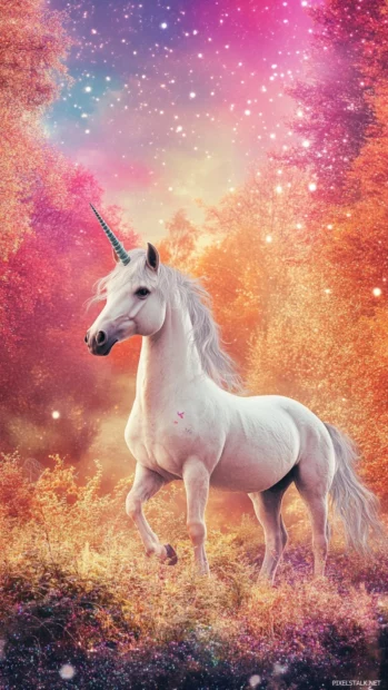 Bright sparkles light up the unicorn in this enchanted unicorn glitter wallpaper scene.