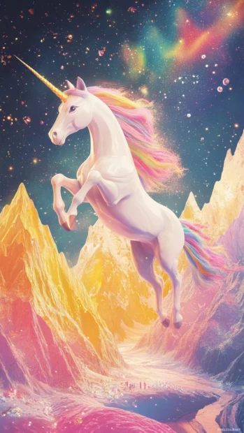 Bright sparkles twinkle as a unicorn leaps over pastel mountains.