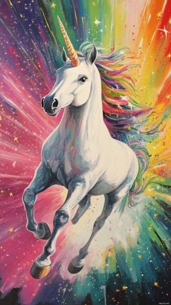 Bright starbursts trail behind the unicorn as it runs.