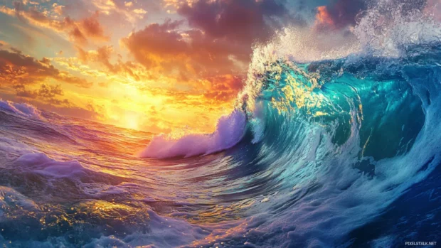 Bright sunrise brings the ocean to life in brilliant colors.