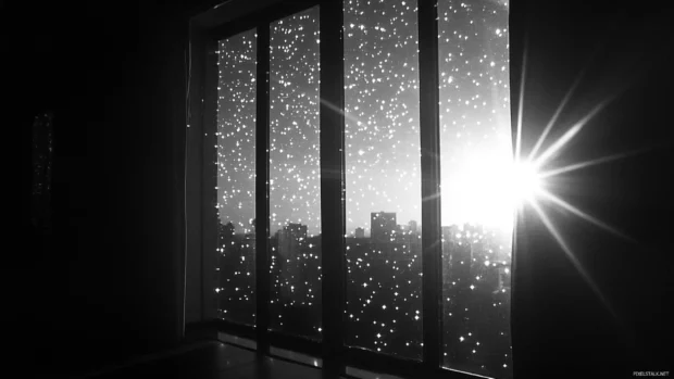 Bright windows glow like stars in a black and white skyline.