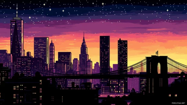 Brooklyn Bridge view of New York City skyline, towering skyscrapers against vibrant dawn sky.