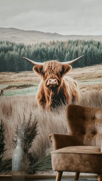 Brown Highland cow landscape wallpaper highlighting rugged terrain and calm cow gaze.