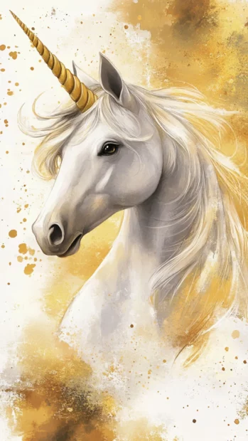 Brush painted unicorn surrounded by golden hues in this Watercolor Unicorn wallpaper.