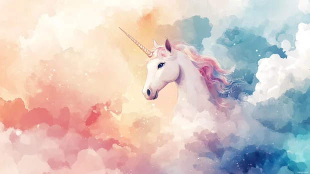 Brush stroked clouds fill the sky behind a gentle unicorn in this Dreamy watercolor unicorn background.