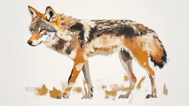 Brush strokes flow from the wolf paws creating a landscape in abstract form.