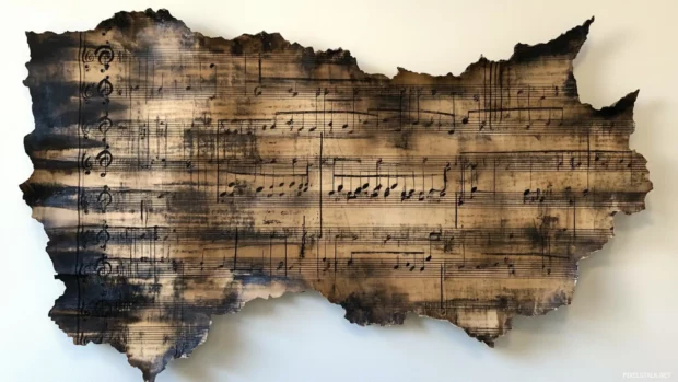 Burnt edge sheet music used as art collage centerpiece.