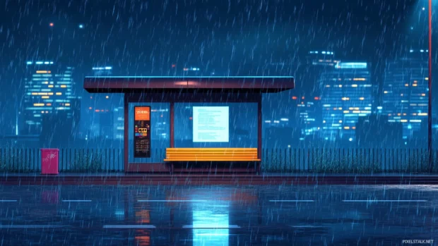 Bus stop on a rainy night surrounded by quiet cityscape.