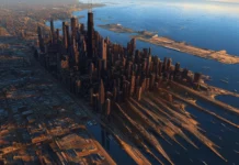 Bustling city streets below unique aerial view of Chicago skyline, Lake Michigan stretches out.