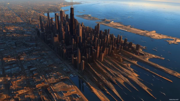 Bustling city streets below unique aerial view of Chicago skyline, Lake Michigan stretches out.