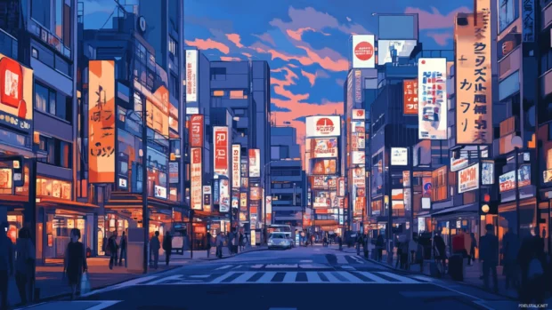 Bustling evening atmosphere in a Tokyo Cityscape Wallpaper composition.