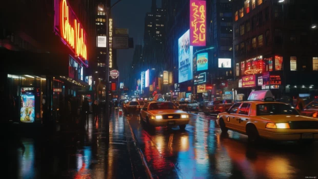 Busy city street at night with neon signs reflecting on wet pavement.