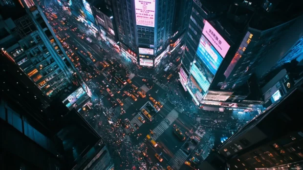 Busy crossroads beneath towering Nighttime City buildings.