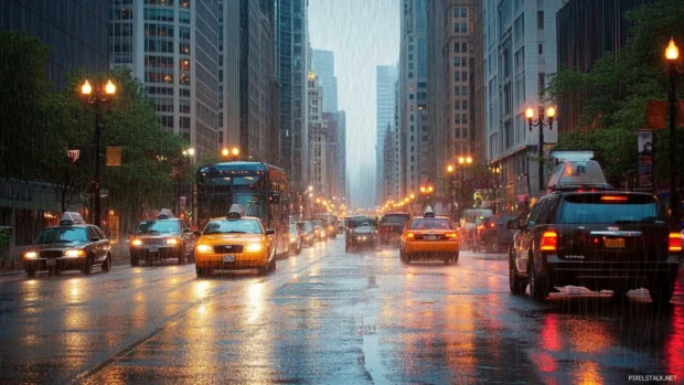 Busy downtown street in pouring rain, ideal for raining city wallpaper lovers.