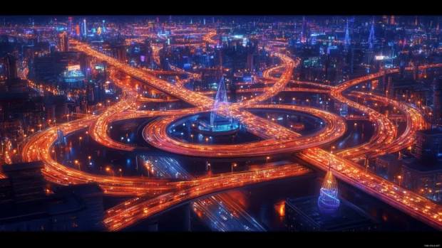 Buzzing intersections form a light grid in the heart of the night city.