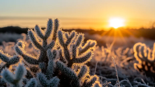 Cactus silhouettes emerge under the desert sunrise.