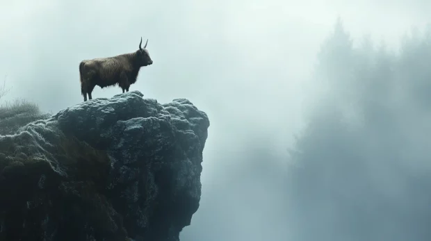 Calm Highland cow gazing into distance on foggy cliff edge.