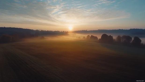 Calm fields and cotton skies meet in the dawn light.