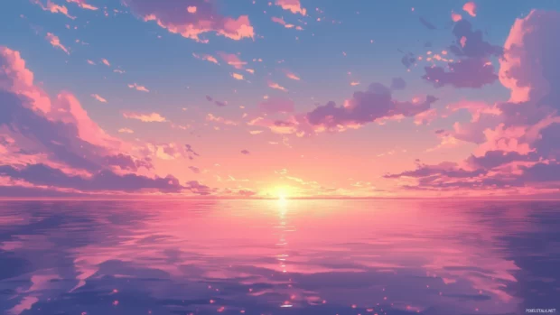 Calm ocean waters reflect pinkish serene Anime sky, gentle clouds under soft sunset.