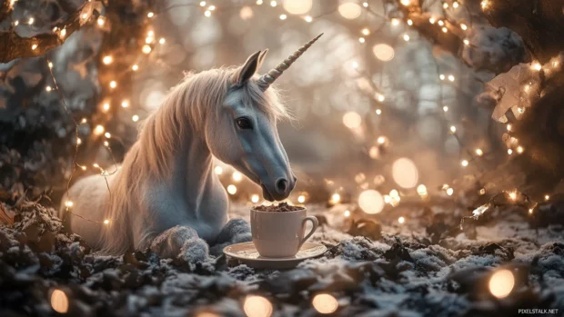 Calm unicorn drinking hot cocoa under twinkling fairy lights.