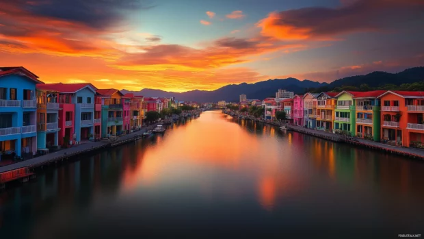 Canal side skyline, colorful buildings under golden sky.