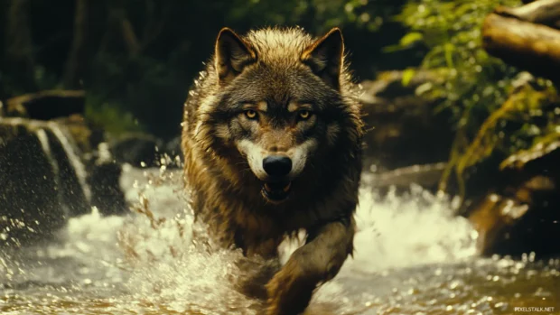 Captured in cinematic motion, the creature in this running wolf wallpaper charges through a shallow stream.