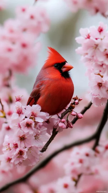 Cardinal bird background for phone with the bird framed between two soft pink cherry blossoms.