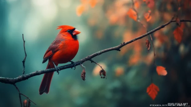 Cardinal bird desktop wallpaper with the male cardinal calling out under soft morning fog.