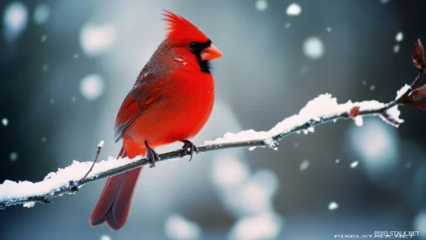 Cardinal bird wallpaper featuring a vivid red cardinal perched on a snow covered branch in winter stillness.