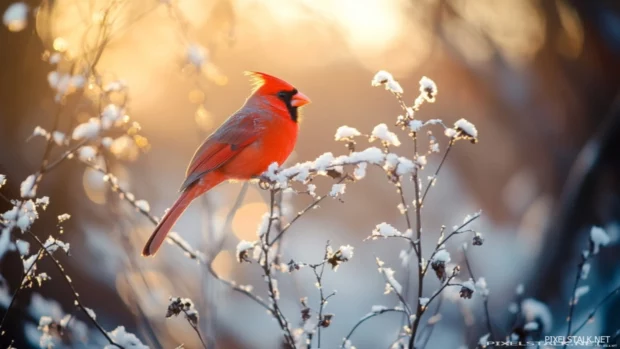Cardinal bird wallpaper  showing a snow dusted cardinal in early golden light.