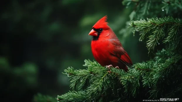 Cardinal wallpaper  capturing the brilliant contrast between the red plumage and green pine needles.