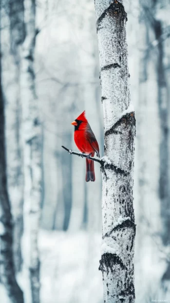 Cardinal  wallpaper featuring a vertical composition of a cardinal on a narrow birch branch.