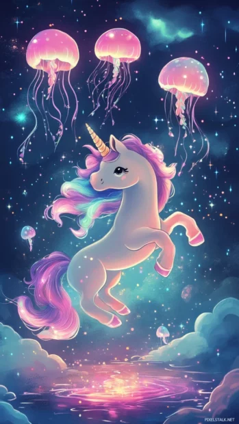 Cartoon Cute Unicorn dancing with glowing jellyfish in the sky.