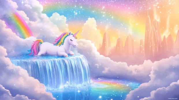 Cartoon Cute Unicorn sliding down a rainbow waterfall into a stardust pool.