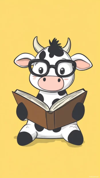 Cartoon Kawaii Cow wearing glasses reading a storybook.