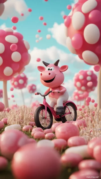 Cartoon Pink Cow riding a bicycle through jellybean fields.