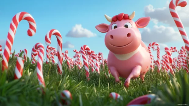 Cartoon Pink Cow walking through a candy cane field.
