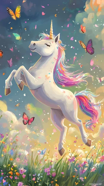 Cartoon Unicorn dancing with butterflies in a painted spring field.