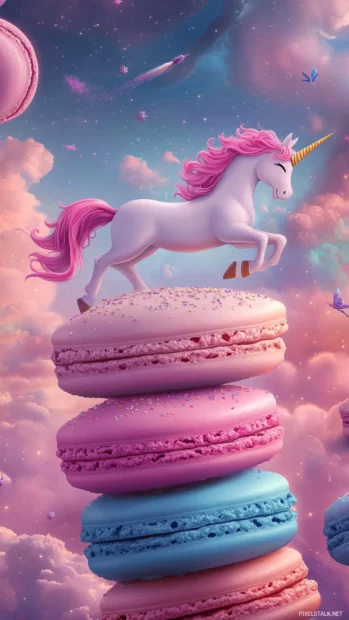 Cartoon Unicorn hopping on giant macarons in a dreamscape.