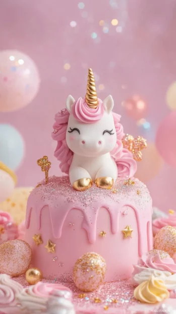 Cartoon Unicorn popping out of a pastel cake surrounded by glitter.