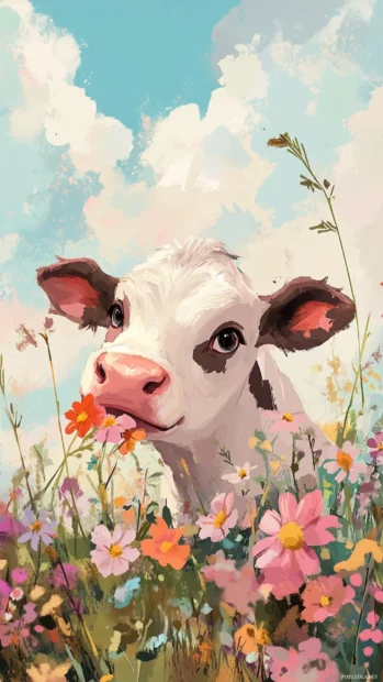 Cartoon cow eating flowers under a soft sky.
