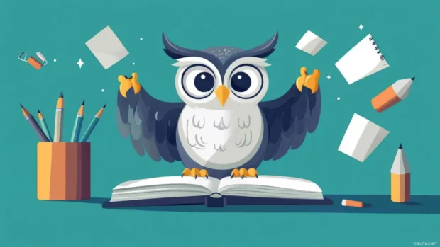 Cartoon owl holding a pencil and sketchbook, surrounded by floating art tools.