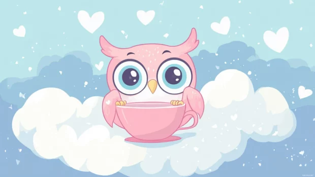 Cartoon owl illustration with oversized eyes and tiny feet, nestled in a teacup on a cloud.