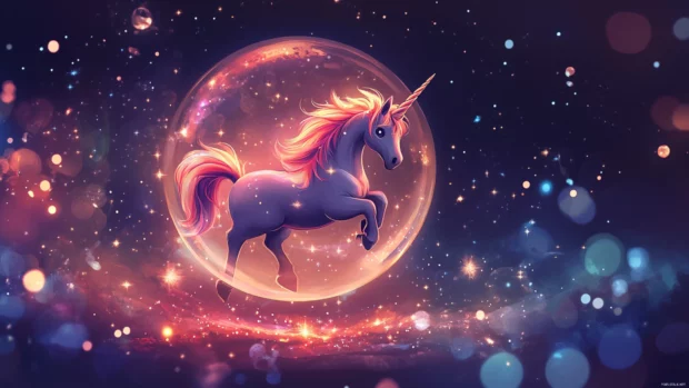 Cartoon style High Resolution Unicorn Wallpaper showing a unicorn inside a floating bubble of stars.
