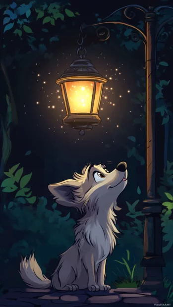Cartoon style baby wolf looking up at a glowing lantern with sparkles.