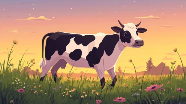 Cartoon style cow walking across a field at dusk.