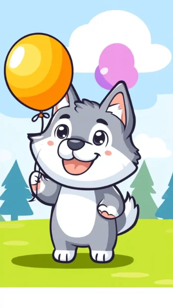 Cartoon style cute wolf wallpaper with the pup holding a balloon and looking at the sky.